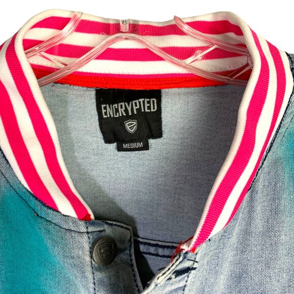 Encrypted Jean Jacket Womens M Blue Denim Graffiti Streetwear Sleeves 1980s - Picture 2 of 11